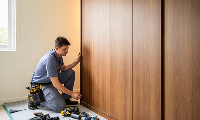 Furniture installer protecting a home floor while assembling a large storage unit near a plaster wall