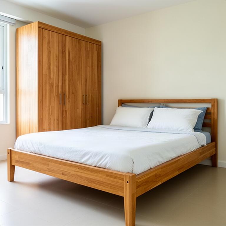 A neatly assembled timber bed and full-height wardrobe in a bright Singapore apartment bedroom