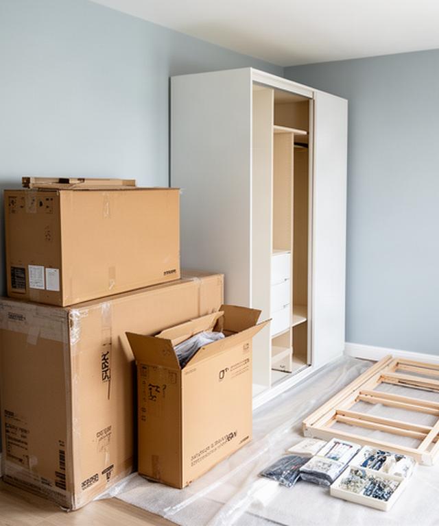 Flat-pack furniture cartons sorted beside a wardrobe assembly area in a Singapore home