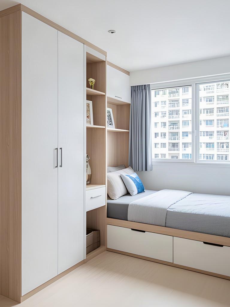 Newly assembled wardrobe and storage bed in a bright Singapore HDB bedroom, with clear floor space and aligned doors