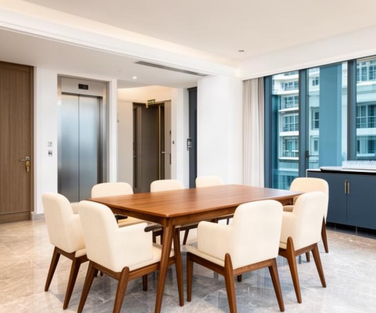 Dining table and chairs assembled in a condominium dining area with building access details prepared