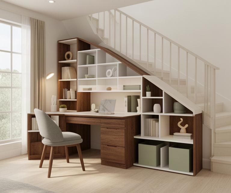 Study desk, shelving and storage assembled in a bright landed-home room with stairs visible nearby