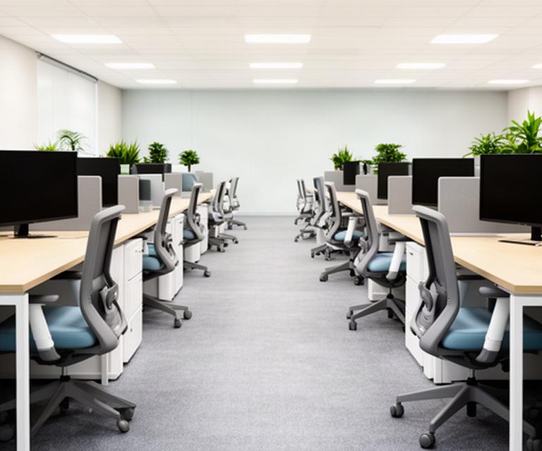 Rows of assembled desks and office chairs arranged neatly in a Singapore workplace before staff arrive