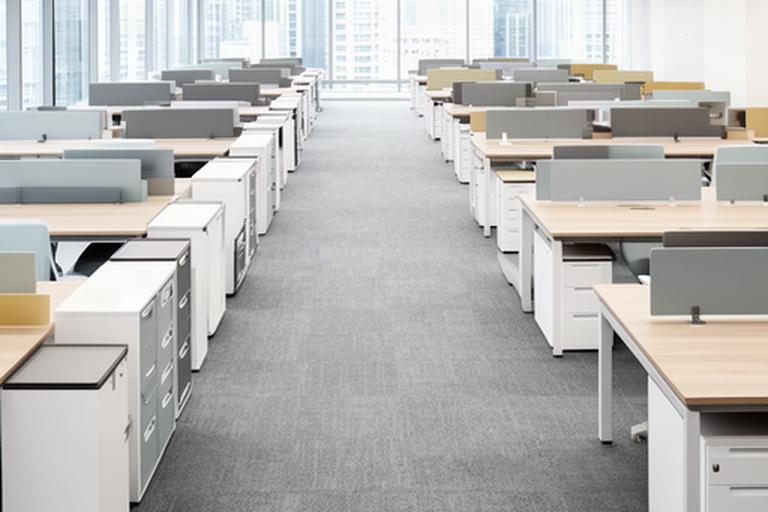 Rows of work desks, benching and filing cabinets set out for assembly in a Tanjong Pagar office