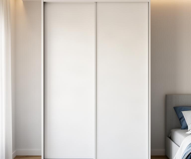 Newly assembled PAX-style wardrobe with sliding doors aligned in a bedroom