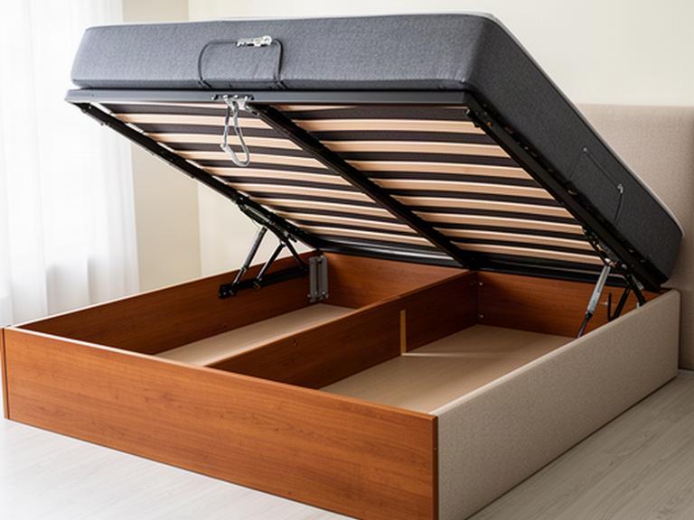 Storage bed frame with its raised platform open to show the lifting mechanism and under-bed compartment