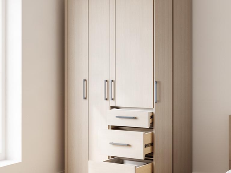 Newly assembled tall wardrobe with evenly aligned hinged doors and fitted internal drawers